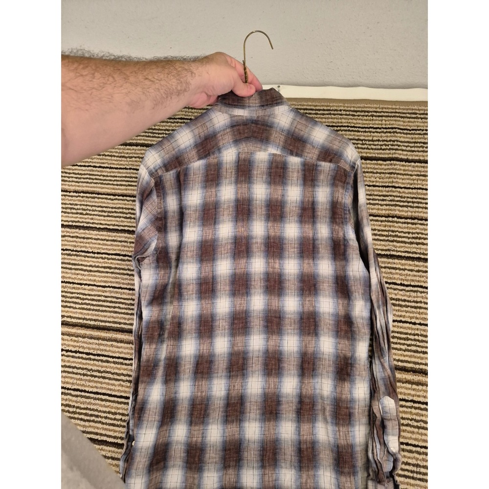 Suitsupply Brown Blue Plaid Dress Shirt Cotonificio Albini Linen Mens 15.5 - Picture 10 of 10